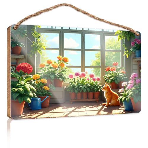 Lustiges Hausdekor, ein gemütliches Gewächshaus gefüllt mit lebendigen Blumen und einer entspannten Katze, Holzschild, Urlaubsveranda, Dekoration für Jungenzimmer (20 x 30 cm) von CBRT