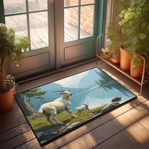 Rustikaler Küchenteppich, Motiv: "A Goat And Its Kid", steht an einem ruhigen See, umgeben von Bergen, Fußmatte, Camper, Dekoration, Herbst-Willkommens-Matten für Haustür (65 x 90 cm) von CBRT