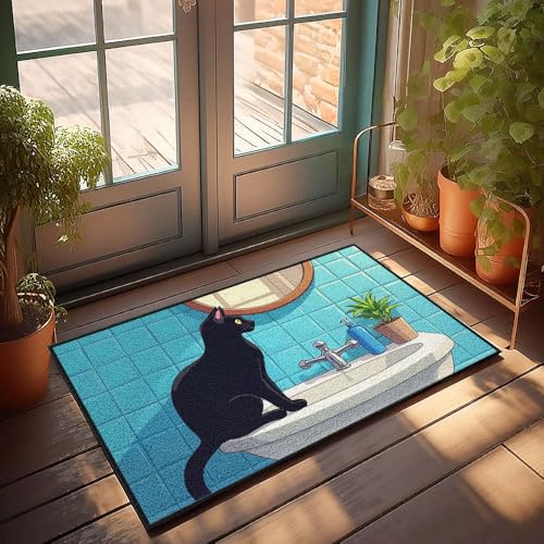 Stuff For Your Room Eine schwarze Katze sitzt auf einem Waschbecken, blickt in einen Spiegel, Fußmatte, Innenbereich, Herbstdekoration, Willkommens-Matten für Haustür (40 x 60 cm) von CBRT