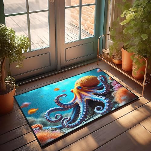 Stuff For Your Room Fußmatte, Motiv: leuchtend orangefarbener Oktopus mit großen Augen inmitten bunter Korallen und Fischen, für den Innenbereich, Herbstdekoration, Willkommens-Matten für Haustür (65 Stuff For Your Room Fußmatte, Motiv: leuchtend orangefarbener Oktopus mit großen Augen inmitten bunter Korallen und Fischen, für den Innenbereich, Herbstdekoration, Willkommens-Matten für Haustür (65 von CBRT