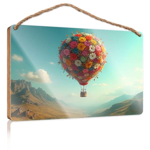 Türschild für die Haustür, ein Heißluftballon, verziert mit bunten Blumen, schwimmt, Holzschild, lustige Badezimmer-Dekoration, Holz zum Basteln, Schilder (23 x 35 cm) von CBRT