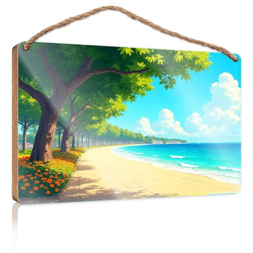 Türschild für die Haustür, ein sonniger Strand mit klarem blauem Wasser und grünen Bäumen, lustiges Badezimmer-Dekor, Holz zum Basteln, Schilder (23 x 35 cm) von CBRT