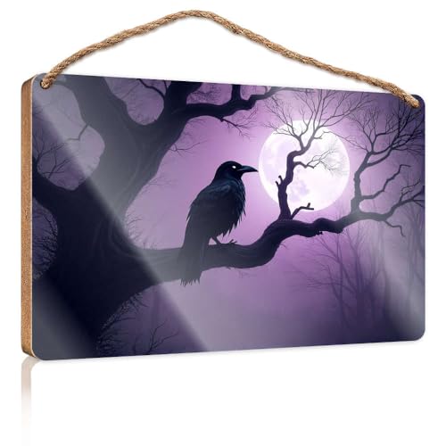 Wandschild zum Aufhängen, Motiv: Ein Rabe auf einem Ast unter einem Vollmond in einem nebligen Wald, Holzschild, Männerhöhle, Dekoration, Außenterrassendekoration (23 x 35 cm) von CBRT