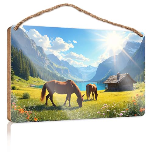 Wandschild zum Aufhängen, Pferde grasen auf einer Wiese mit Bergen und einer Hütte, Holzschild, Männerhöhle, Dekoration, für den Außenbereich, Terrasse, 15 x 28 cm Wandschild zum Aufhängen, Pferde grasen auf einer Wiese mit Bergen und einer Hütte, Holzschild, Männerhöhle, Dekoration, für den Außenbereich, Terrasse, 15 x 28 cm von CBRT