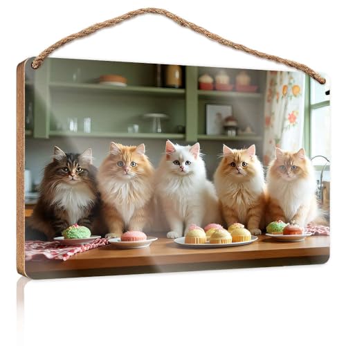 Wandschilder zum Aufhängen, Motiv: Katzen sitzen auf einem Tisch mit bunten Cupcakes, Holzschild, Männerhöhle, Dekoration, für den Außenbereich, Terrasse, 20 x 30 cm von CBRT