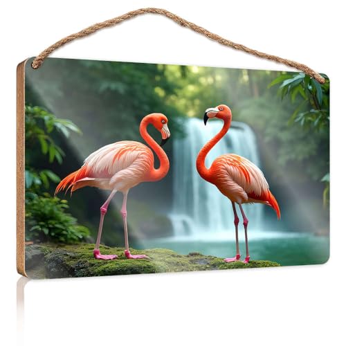 Wandschilder zum Aufhängen, zwei Flamingos, die in der Nähe eines Wasserfalls stehen, Holzschild, Männerhöhle, Dekoration, Außenterrassendekoration (23 x 35 cm) von CBRT
