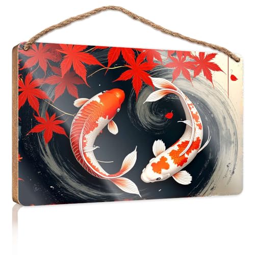 Wandschilder zum Aufhängen, zwei Koi-Fische schwimmen in einem Yin-Yang-Teich mit roten Ahornblättern, Holzschild, Männerhöhlen-Dekoration, für den Außenbereich, Terrassendekoration (20 x 30 cm) Wandschilder zum Aufhängen, zwei Koi-Fische schwimmen in einem Yin-Yang-Teich mit roten Ahornblättern, Holzschild, Männerhöhlen-Dekoration, für den Außenbereich, Terrassendekoration (20 x 30 cm) von CBRT
