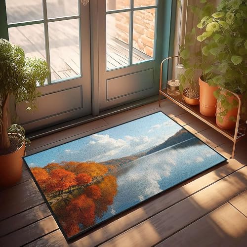 Wettermatten für Haus, Herbstbäume, reflektiert in ruhigem Seewasser, Fußmatte, Emo-Raumdekoration, personalisierbare Fußmatten für den Außenbereich (65 x 90 cm) von CBRT