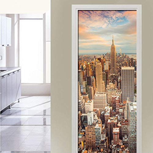 CBWRAW 3D Türtapete Fototapete Selbstklebend Türposter Abnehmbar PVC Fototapete Türfolie New York Wolkenkratzeransicht Muster Türaufkleber Für Wohnzimmer Erwachsene Kind Schlafzimmer Küche 77X200cm von CBWRAW