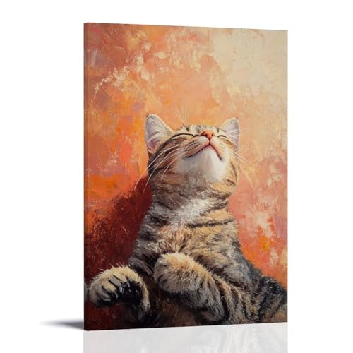 CBWVUWHJW Eine getigerte Katze, die sich unter der Morgensonne streckt, ihre Form warm auf einem weichen Terrakotta-Hintergrund gemalt. Modische Wanddekoration, Kunstposter und Wandbild, 20 x 30 cm von CBWVUWHJW