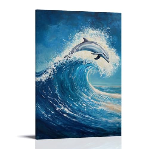 CBWVUWHJW Tier-Ölgemälde eines Delfins, der auf einer riesigen Welle reitet, auf einem soliden Hintergrund in tiefem Cyan. Modische Wanddekoration, Kunstposter und Wandbild, 40 x 60 cm von CBWVUWHJW