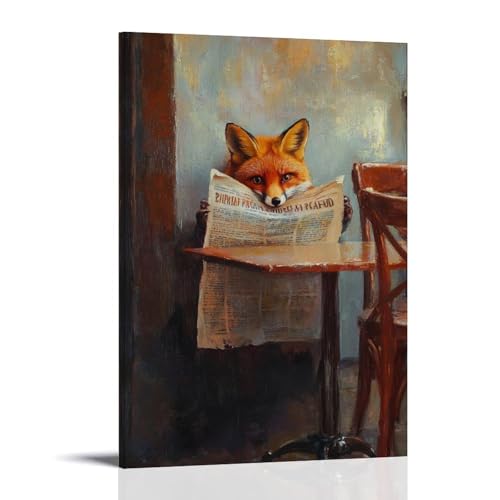 CBWVUWHJW Tier-Ölgemälde eines Fuchs, der sich hinter einer riesigen Zeitung an einem ruhigen Cafétisch versteckt. Modische Wanddekoration, Kunstposter und Wandbild, 30 x 45 cm von CBWVUWHJW