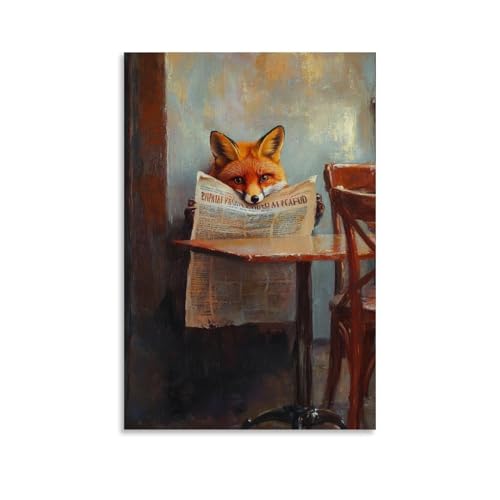 CBWVUWHJW Tier-Ölgemälde eines Fuchs, der sich hinter einer riesigen Zeitung an einem ruhigen Cafétisch versteckt. Modische Wanddekoration, Kunstposter zum Aufhängen, 20 x 30 cm von CBWVUWHJW