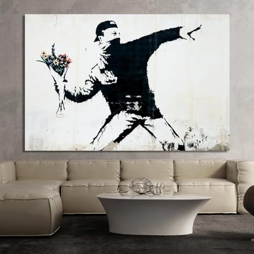 CBZKTR Banksys Graffiti-Kunstdruck, Gemälde „Blumenwerfer“, Wanddekoration, Poster, Leinwanddrucke, Heim- und Raumkunstwerk, Gemälde, 60 x 115 cm (24 x 45 Zoll), mit Rahmen von CBZKTR