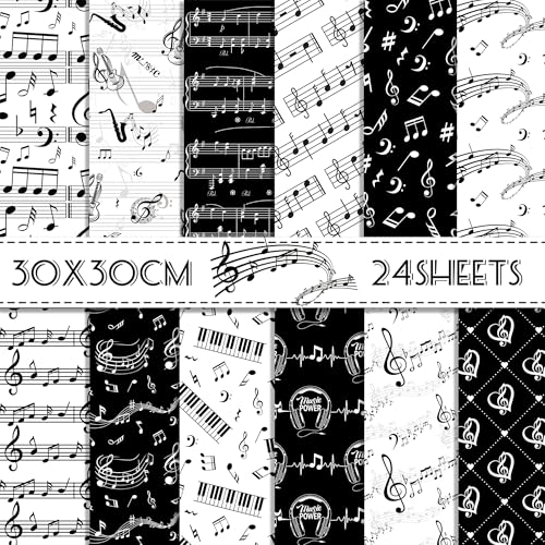 24 Blatt Scrapbook Papier Musik,12-Typen Doppelseitige Dekorpapier Musiknoten Scrapbook Zubehör Craft Papier für Origami Papier Journal Motivpapier DIY Fotoalbum Dekorpapier 30x30cm von CC HOME