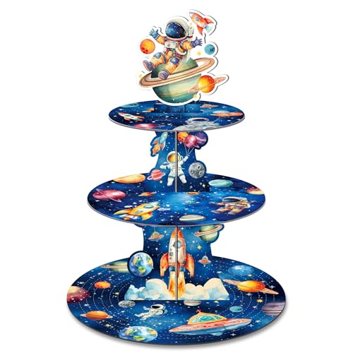 Weltraum Cupcake Ständer,3 Etagen Tortenständer Kuchenständer aus Pappe Dessert Turm für Weltraum Kindergeburtstag Deko Tischdeko Geburtstagsparty Babyparty Astronauten Party Dekorationen von CC HOME