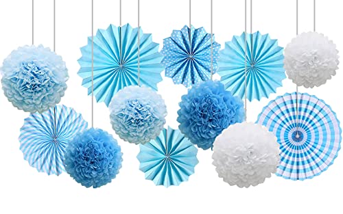 CC wonderland zone 12 Stück Blau Seidenpapier Pompons und Hängende Papierfächer Set,Papier Seidenpompons und Papier Fächer für Party Deko von CC wonderland zone