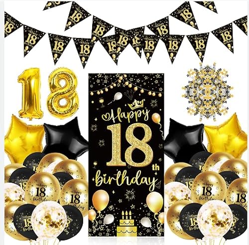 Deko 18 Geburtstag,18. Geburtstag Party Dekoration für Junge oder Mädchen,18 Happy Birthday Banner(Schwarz und Gold ) von CC wonderland zone