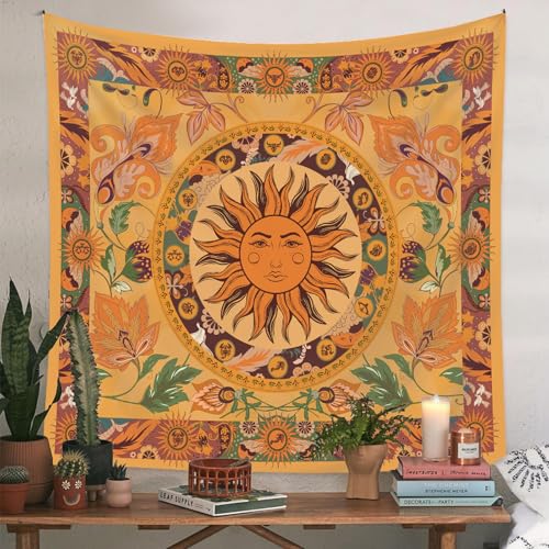 CCAIPU Psychedelic Wandteppich Tapestry, Sonne und Mond Blume Phase Boho Wandbehang - Dekoration für Schlafzimmer Dekor Schlafsaal oder Meditation Raum 150x130cm (Gelb) von CCAIPU