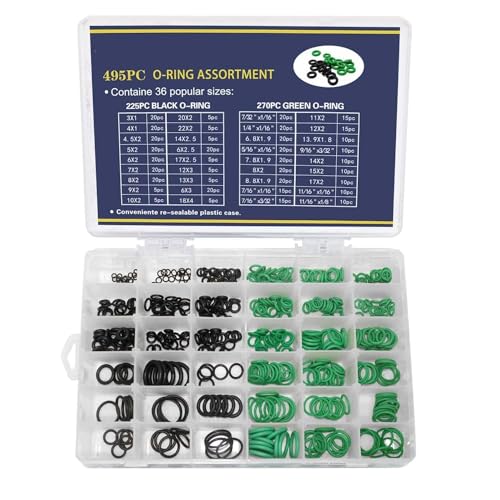 495-teiliges Kompressor-O-Ring-Set, metrische O-Ringe, 36 Größen, Gummi-Unterlegscheiben, Sortimentssortiment für Klimaanlagen, professionelle Sanitär, Auto, Automobil (schwarz und grün) (495 Stück von CCCAZ1