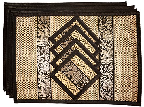 Umweltfreundliche Handarbeit, Tischsets und Untersetzer, 4 Sets, 2 Größen, mittel und groß, Esstischunterlage mit natürlichem Schilfmaterial, hergestellt von Kunsthandwerkern. (Mittel schwarz) von CCcollections