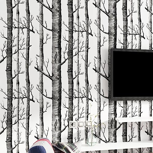 CCFENG-Tapeten,10M*0.53M Vliestapete, abstrakte schwarz-weiße Äste,Dschungeltapete mit Birkenstämmen und Zweigen, geeignet für TV-Hintergrundwände, Esszimmer- und tapeten wohnzimmer von CCFENG