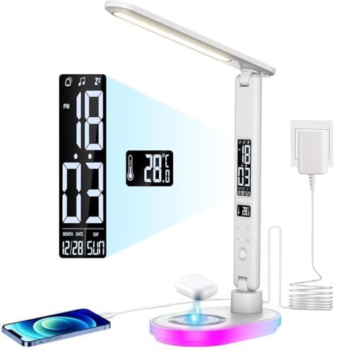 CCHKFEI Einstellbar Schreibtischlampe mit Uhr,LED Dimmbar Touch Tischlampe mit 10W Wireless Charger und USB Ladefunktion, 3 Farbmodi mit Touch Lampe mit Temperatur Datum RGB für Lesen Home Office von CCHKFEI