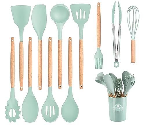 12 Stück Küchenhelfer Set Silikon mit Utensilienhalter Kochlöffel Set Küchenutensilien Set Küche Komplett Kochbesteck Set Hitzebeständiger Kochgeschirr Set Antihaft Kochset (Hellgrün) von CCHONG