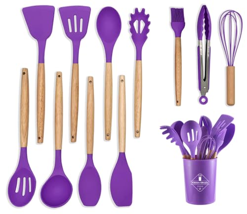 12 Stück Küchenhelfer Set Silikon mit Utensilienhalter Kochlöffel Set Küchenutensilien Set Küche Komplett Kochbesteck Set Hitzebeständiger Kochgeschirr Set Antihaft Kochset (Lila) von CCHONG