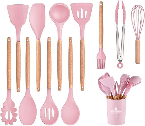 12 Stück Küchenhelfer Set Silikon mit Utensilienhalter Kochlöffel Set Küchenutensilien Set Küche Komplett Kochbesteck Set Hitzebeständiger Kochgeschirr Set Antihaft Kochset (Rosa) von CCHONG