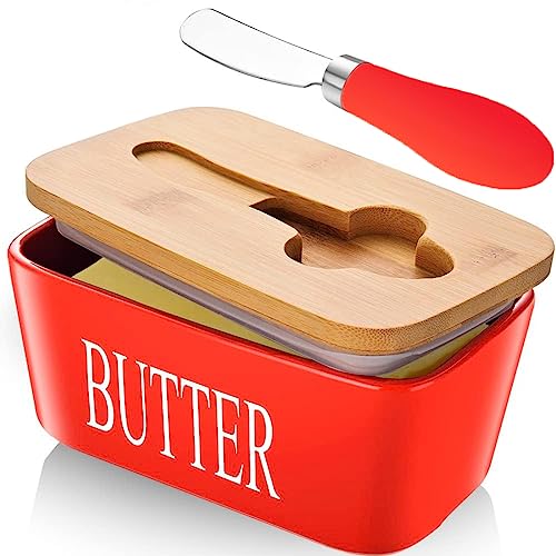 Butterdose mit Deckel Buttermesser Butterdose Keramik Butterdose Glas Butterdose Porzellan Butterschale mit Deckel Butterglocke für 250g Butter (Rot) von CCHONG