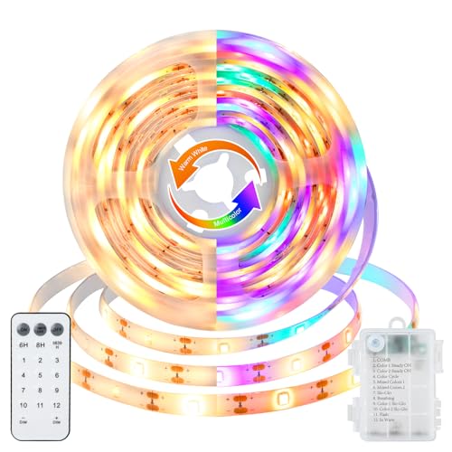 CCILAND 3 Meter 108 LED Strip Batterie, 2 Farben Wechselnde LED Streifen mit 12 Modi Fernbedienung Timer, Dimmbar Schneidbar LED Band Selbstklebend for Zuhause Deko (Warmweiß & Mehrfarbige) von CCILAND