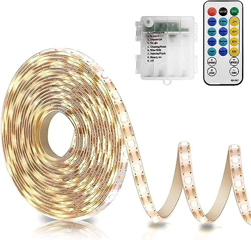 CCILAND LED Streifen 5M, 150 LED Strip Batteriebetrieben mit 8 Modi Timer Fernbedienung, Dimmbar LED Band Batterie Selbstklebend für Küche Schlafzimmer Deko (Warmweiß) von CCILAND