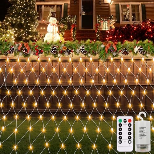 CCILAND Lichternetz Außen Batterie 3x2M, 200 LED Lichterkette Netz mit 8 Modi Timer Fernbedienung, Dimmbar Lichternetz Wasserdicht für Weihnachten Büsche Garten Zäune Balkon-Warmweiß von CCILAND