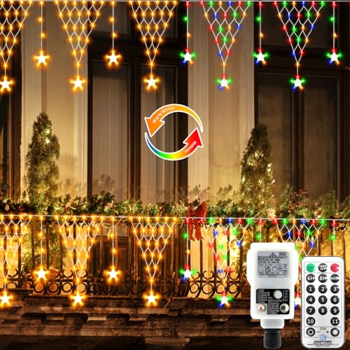 CCILAND Weihnachten Netz Lichter, 2 Farben wechselnde Stern Netz Lichter Plug in 4M 196 LED Mesh Light Outdoor mit Fernbedienung für Garten Terrasse Hochzeit Zaun Dekor - Warm White & Multicolour CCILAND Weihnachten Netz Lichter, 2 Farben wechselnde Stern Netz Lichter Plug in 4M 196 LED Mesh Light Outdoor mit Fernbedienung für Garten Terrasse Hochzeit Zaun Dekor - Warm White & Multicolour von CCILAND