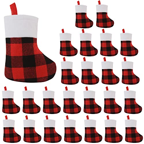 CCINEE 24 Stück Mini-Weihnachtsstrümpfe, 17.8 cm rot und schwarz, Büffelkariert, Weihnachtsstrumpf mit Plüschmanschette, kleine hängende Strumpfdekoration für Urlaub, Kamin, Weihnachtsbaumdekoration von CCINEE