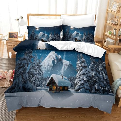 3-teiliger 3D-Druck Christmas Eve Bettwäsche Set Snowy Cottage Mit Reißverschluss, Mikrofaser Für Erwachsene Schlafzimmer Dekoration King（220x240cm） von CCIZFMQ