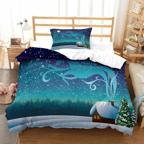3D Druck Christmas Snowy Night Mikrofaser Bettbezug Starry Moon Forest Mit Verstecktem Reißverschluss Und Kissenbezügen, Für Erwachsene Schlafzimmer Dekor Single（135x200cm） von CCIZFMQ