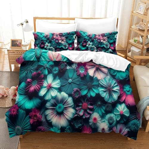 CCIZFMQ 3-teiliger 3D-Druck Bunte Blumen Bettbezug Set Mikrofaser Mit Reißverschluss, Für Kinder, Teens, Schlafzimmer Double（200x200cm） von CCIZFMQ