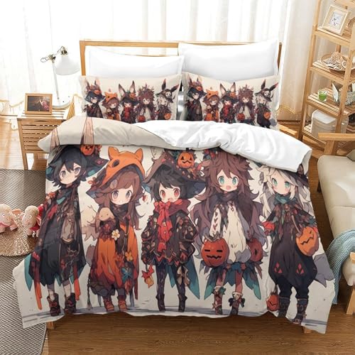 CCIZFMQ 3-teiliger 3D-Druck Chibi Charaktere Bettwäsche Set Kürbis - Thematisch Mit Reißverschluss, Mikrofaser Für Erwachsene Schlafzimmer Dekoration King（220x240cm） von CCIZFMQ