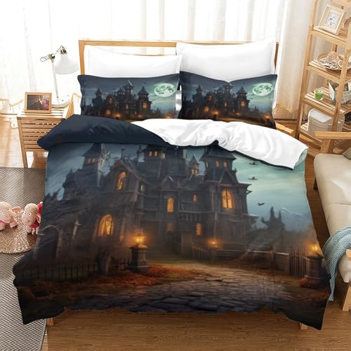 CCIZFMQ 3-teiliger 3D-Druck Halloween Schloss Bettwäsche Set Vollmond Mit Reißverschluss, Mikrofaser Für Erwachsene Schlafzimmer Dekoration Super King（260x220cm） von CCIZFMQ