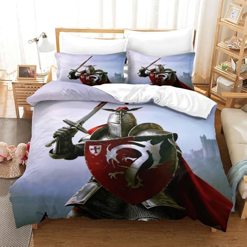 CCIZFMQ 3-teiliger 3D-Druck Medieval Ritter Bettwäsche Set Armor Mit Reißverschluss, Mikrofaser Für Erwachsene Schlafzimmer Dekoration Double（200x200cm） von CCIZFMQ