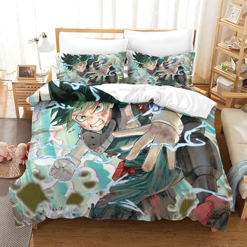 CCIZFMQ 3-teiliger 3D-Druck Mein Held Akademie Bettwäsche Set Deku Mit Reißverschluss, Mikrofaser Für Erwachsene Schlafzimmer Dekoration Single（140x200cm） von CCIZFMQ