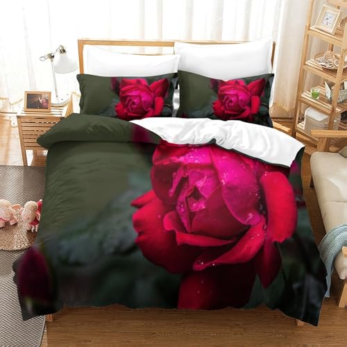 CCIZFMQ 3-teiliger 3D-Druck Rote Rose Bettwäsche Set Green Leaf Mit Reißverschluss, Mikrofaser Für Erwachsene Schlafzimmer Dekoration Single（140x200cm） von CCIZFMQ