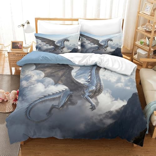 CCIZFMQ 3-teiliger 3D-Druck Silver Drachen Bettwäsche Set Sea of Clouds Mit Reißverschluss, Mikrofaser Für Erwachsene Schlafzimmer Dekoration Super King（260x220cm） von CCIZFMQ