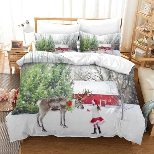 CCIZFMQ 3-teiliger 3D-Druck Snow Red House Bettbezug Set Girl Reindeer Mikrofaser Mit Reißverschluss, Für Kinder, Teens, Schlafzimmer Single（140x200cm） von CCIZFMQ