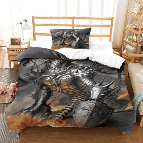 CCIZFMQ 3-teiliger 3D-Druck Stahldrache Bettwäsche Set Armored Drachen Mit Reißverschluss, Mikrofaser Für Erwachsene Schlafzimmer Dekoration Single（135x200cm） von CCIZFMQ