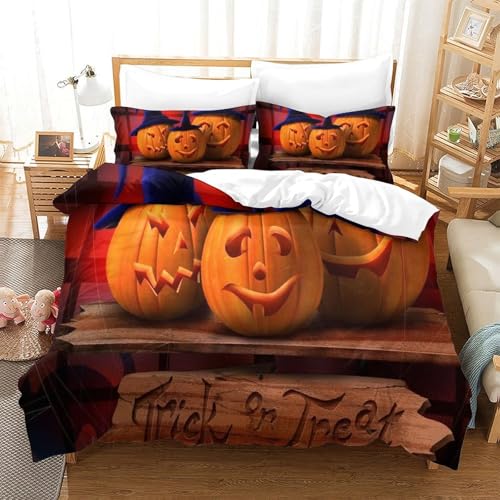 CCIZFMQ 3-teiliges Kürbis Laternes 3D Gedruckte Tröster Abdeckung Hexenhüte Mit Reißverschluss, Mikrofaser Set Für Moderne Schlafzimmer Dekor Single（140x200cm） von CCIZFMQ