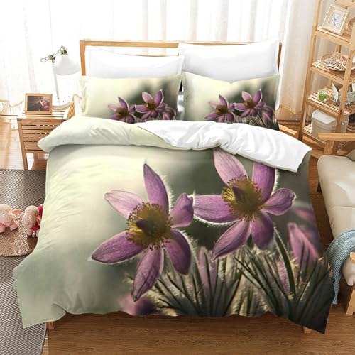 CCIZFMQ 3-teiliges Lila Blumen 3D Gedruckte Tröster Abdeckung Schlanker Fluff Mit Reißverschluss, Mikrofaser Set Für Moderne Schlafzimmer Dekor King（220x240cm） von CCIZFMQ