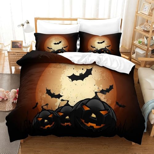 CCIZFMQ 3-teiliges Vollmond 3D Gedruckte Tröster Abdeckung Bat Kürbis Laterne Mit Reißverschluss, Mikrofaser Set Für Moderne Schlafzimmer Dekor Double（200x200cm） von CCIZFMQ